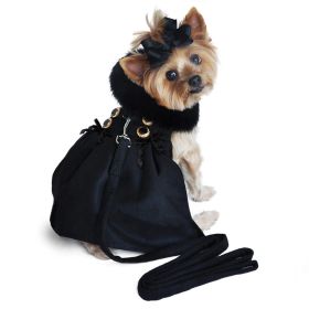 Black Wool Dog Coat Harness Fur Collar with Matching Leash (size: X-Small)